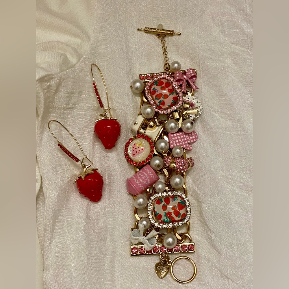 Betsey Johnson Babycakes Charm Bracelet & Strawberry Earrings Set
